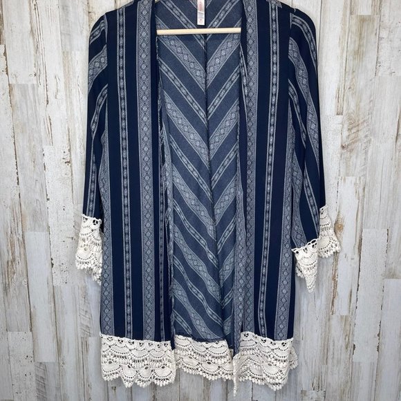 Xhilaration Tops - 🔥Special Offer🔥 Beautiful Crocheted Navy striped kimono coverup M Like New!